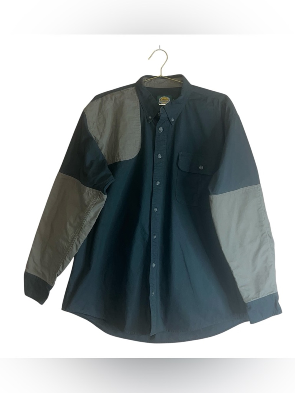 Cabela’s Men’s Two-Tone Green Tan Long Sleeve Right Hand Shooting Shirt Sz XLT